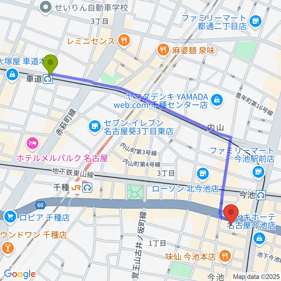 車道駅から今池パラダイスカフェ21へのルートマップ地図