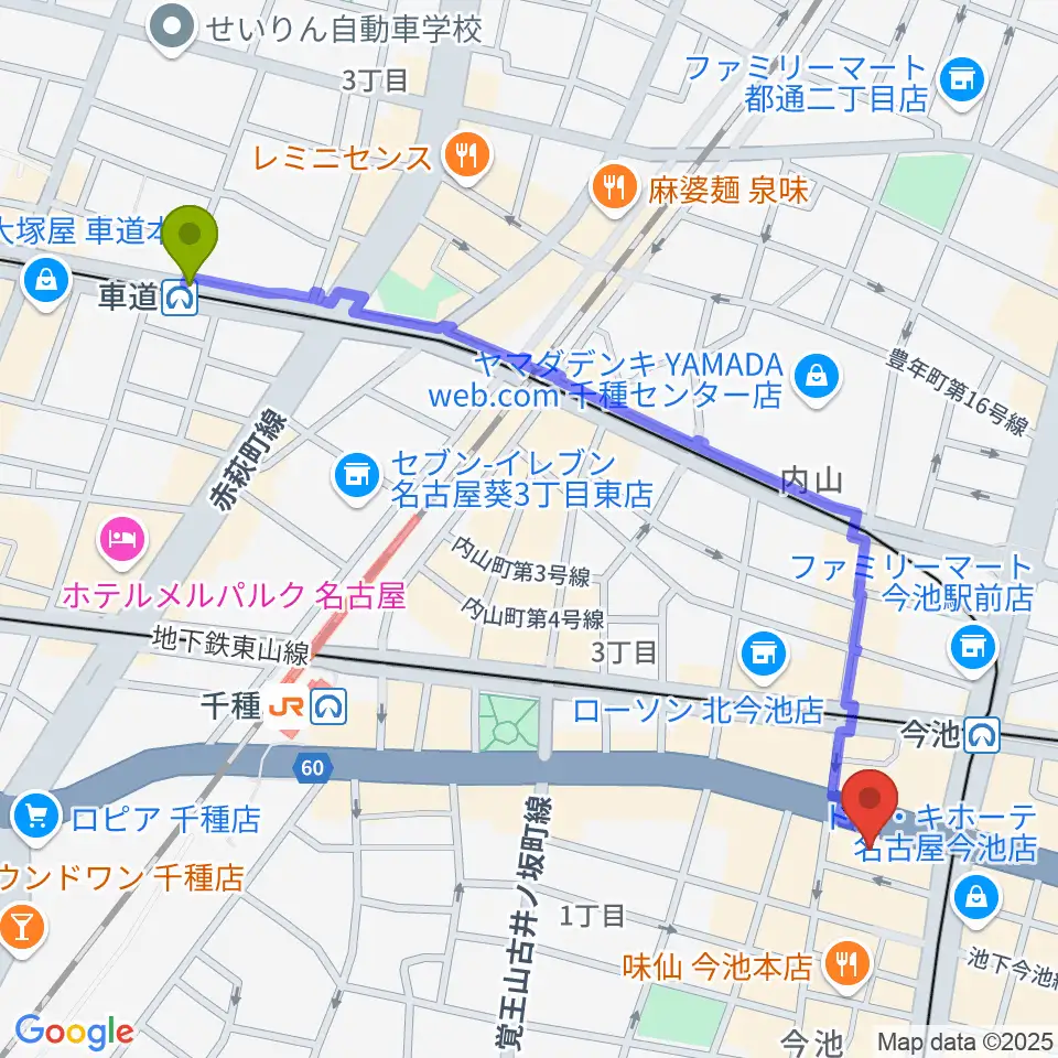 車道駅から今池パラダイスカフェ21へのルートマップ地図