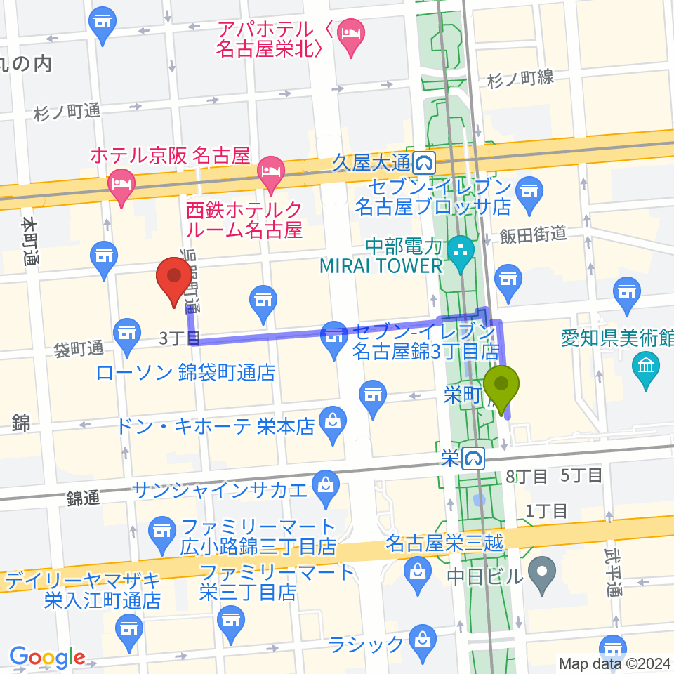 栄町駅から名古屋栄マイルスへのルートマップ地図