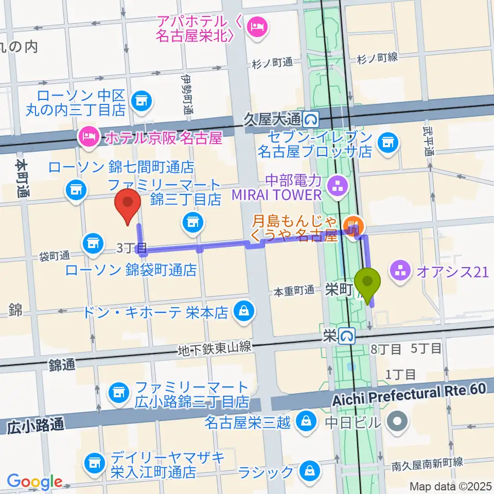 栄町駅から名古屋栄マイルスへのルートマップ地図