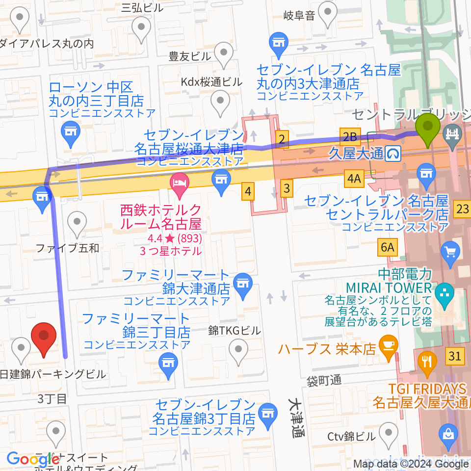 名古屋栄マイルスの最寄駅久屋大通駅からの徒歩ルート（約7分）地図