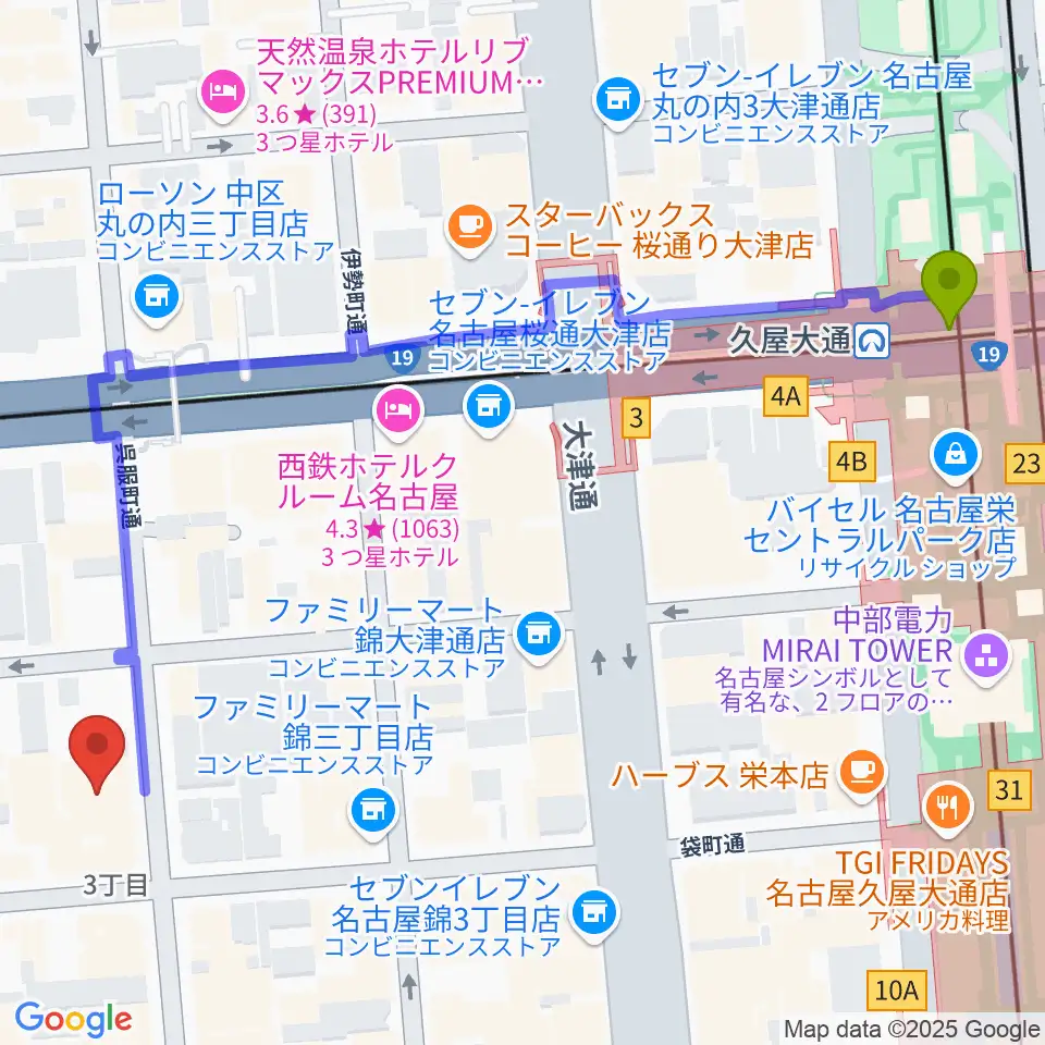 名古屋栄マイルスの最寄駅久屋大通駅からの徒歩ルート（約7分）地図