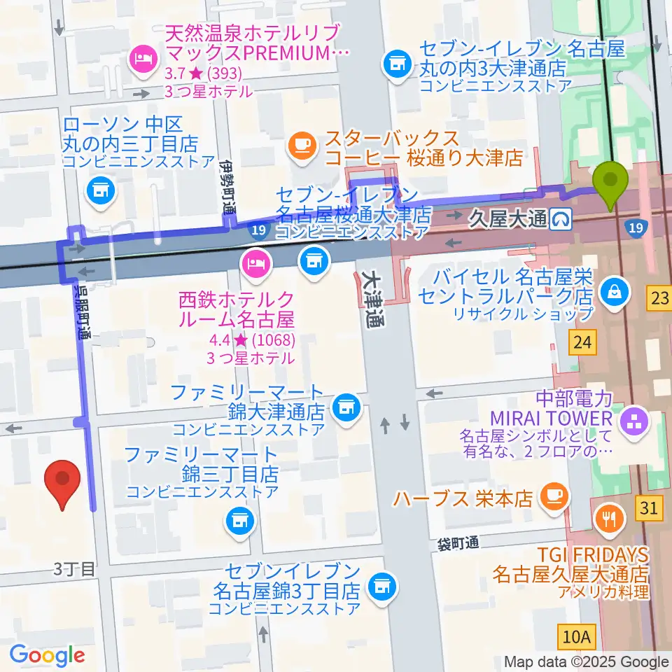 名古屋栄マイルスの最寄駅久屋大通駅からの徒歩ルート（約7分）地図