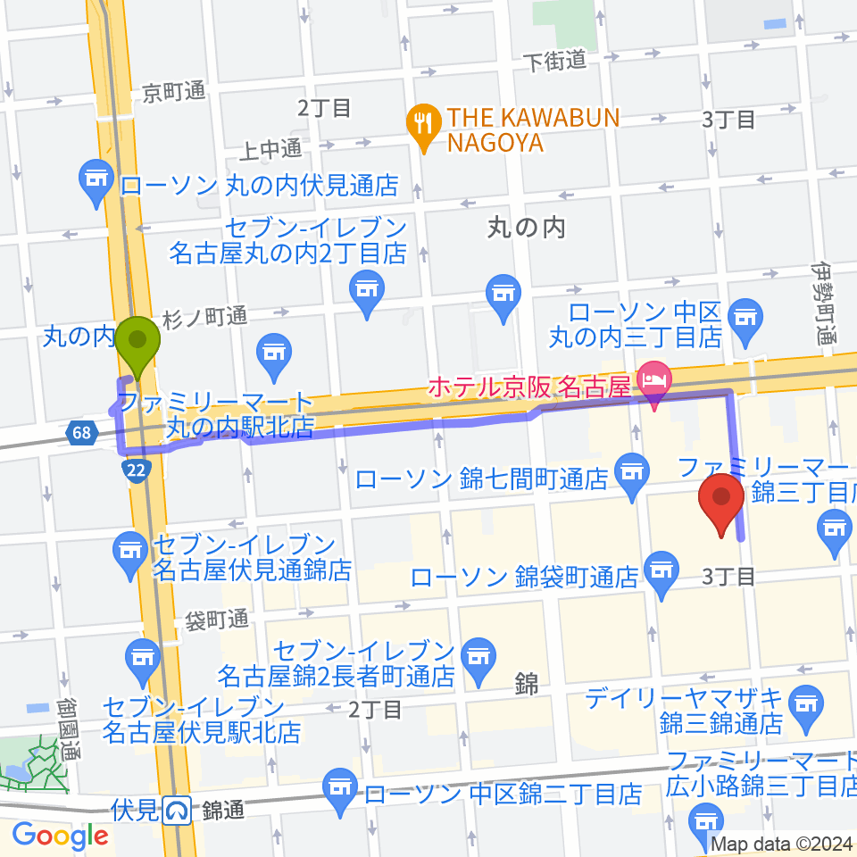 丸の内駅から名古屋栄マイルスへのルートマップ地図