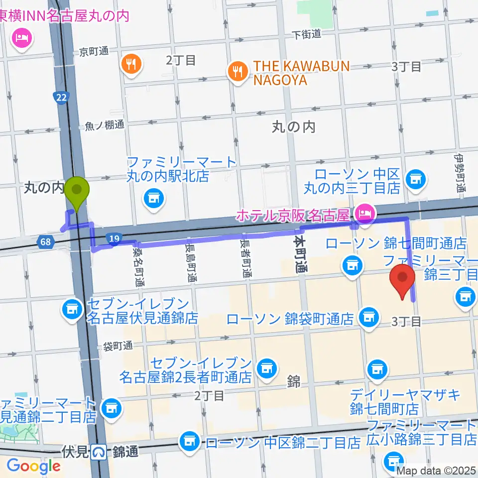 丸の内駅から名古屋栄マイルスへのルートマップ地図