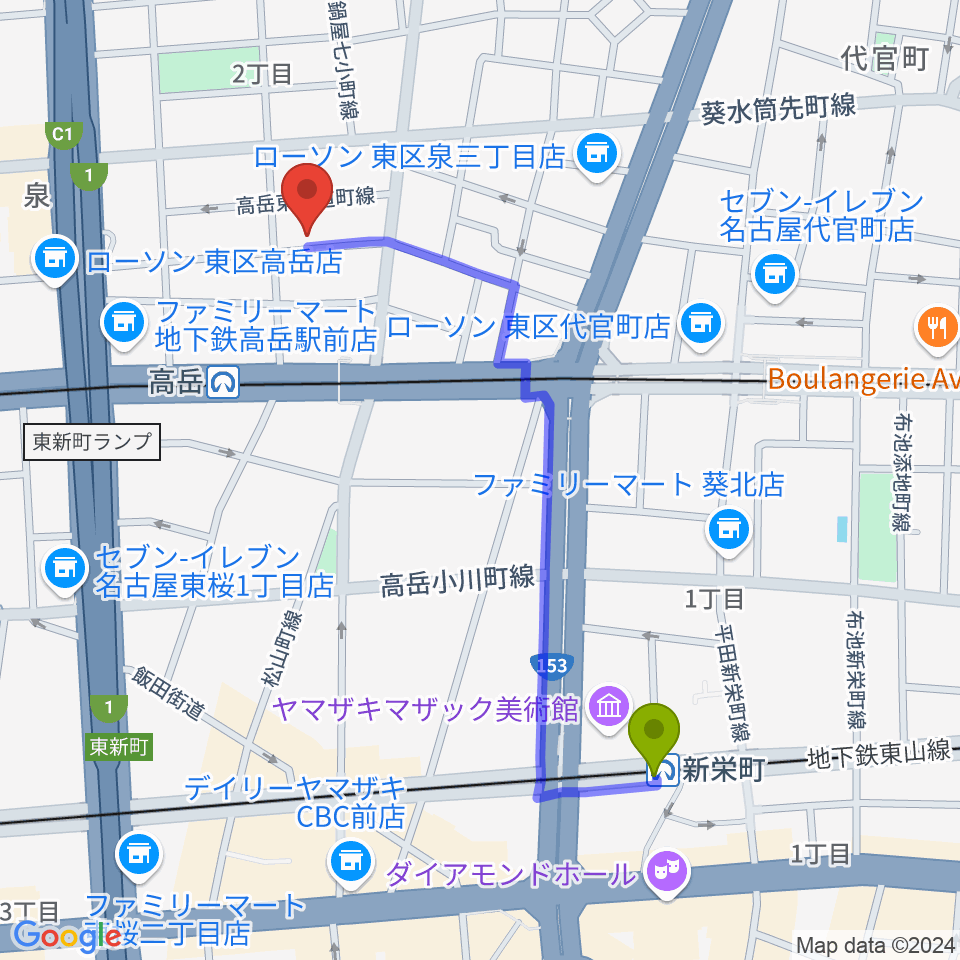 新栄町駅から高岳Johnnyへのルートマップ地図