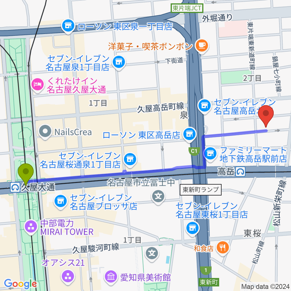 久屋大通駅から高岳Johnnyへのルートマップ地図