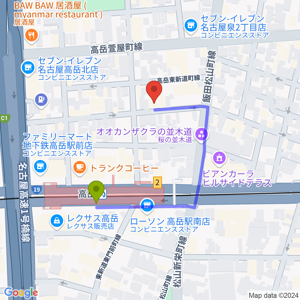 高岳Johnnyの最寄駅高岳駅からの徒歩ルート（約3分）地図