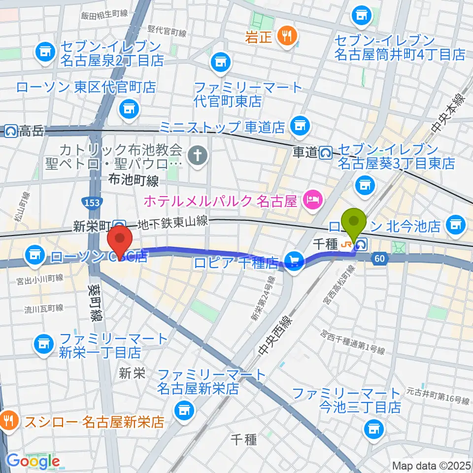 千種駅から名古屋CLUB MAGOへのルートマップ地図