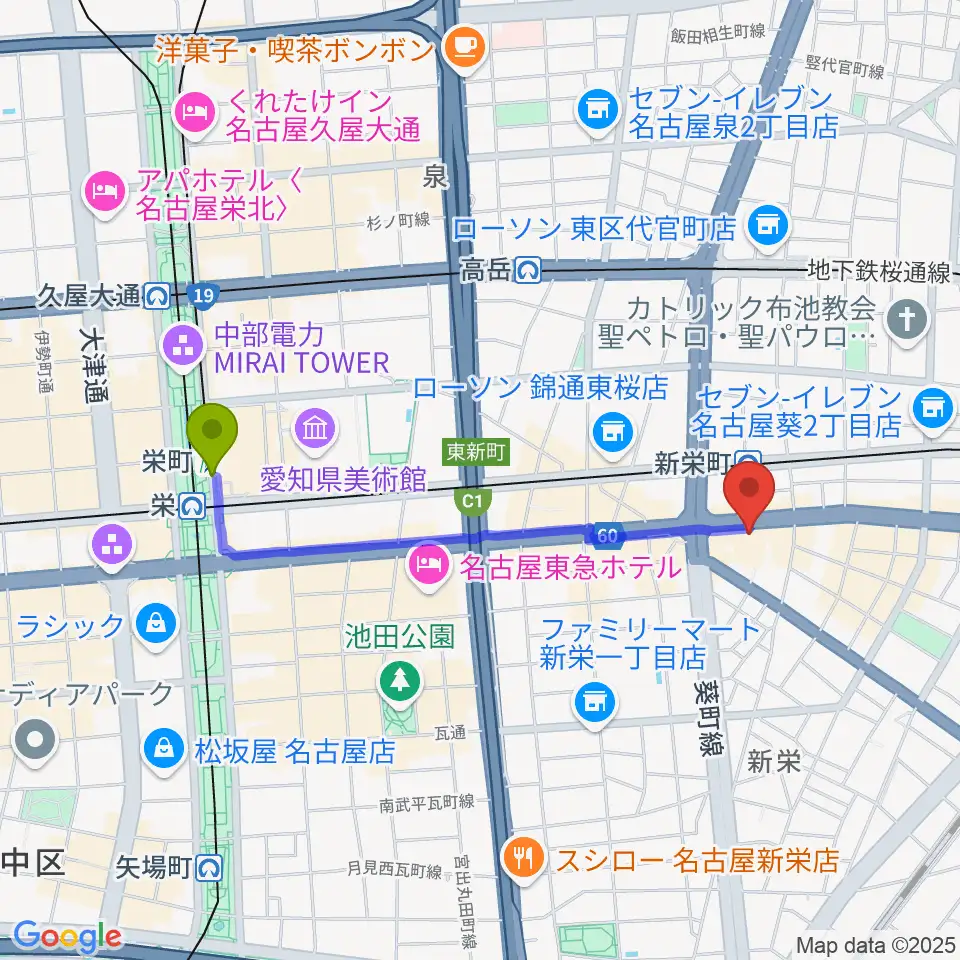 栄町駅から名古屋CLUB MAGOへのルートマップ地図