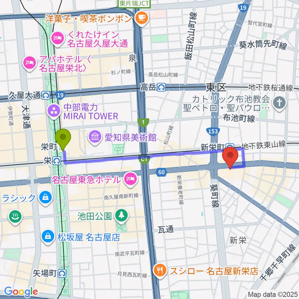栄町駅から名古屋CLUB MAGOへのルートマップ地図
