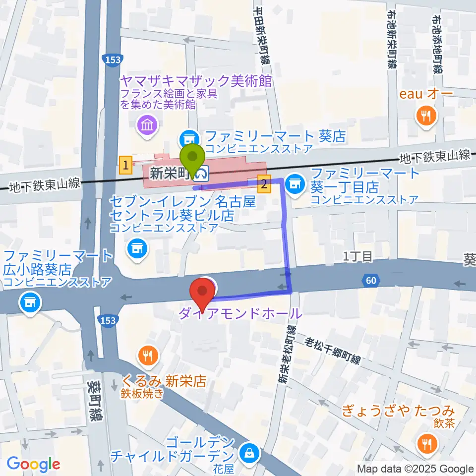 名古屋CLUB MAGOの最寄駅新栄町駅からの徒歩ルート（約2分）地図