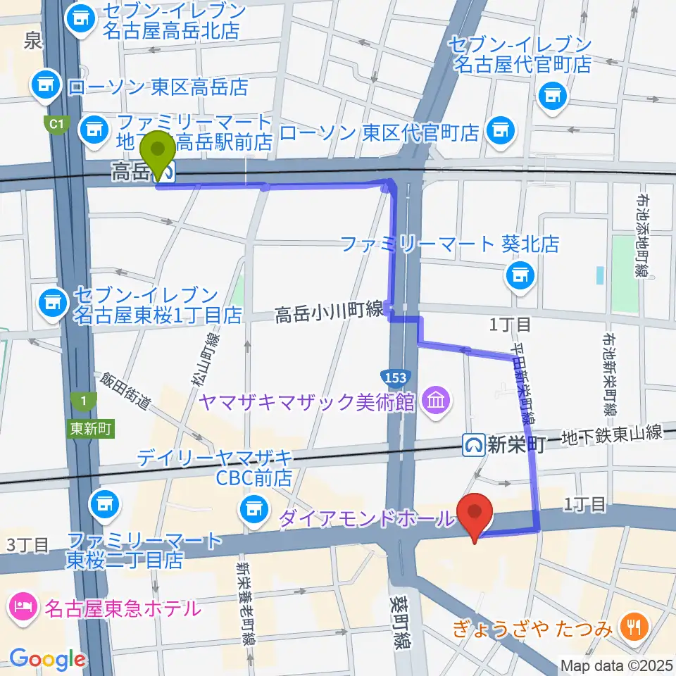 高岳駅から名古屋CLUB MAGOへのルートマップ地図