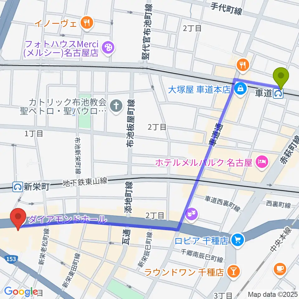 車道駅から名古屋CLUB MAGOへのルートマップ地図