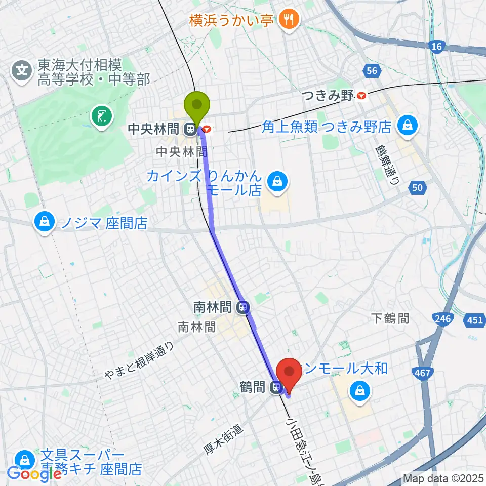 中央林間駅から鶴間スタジオアジャへのルートマップ地図