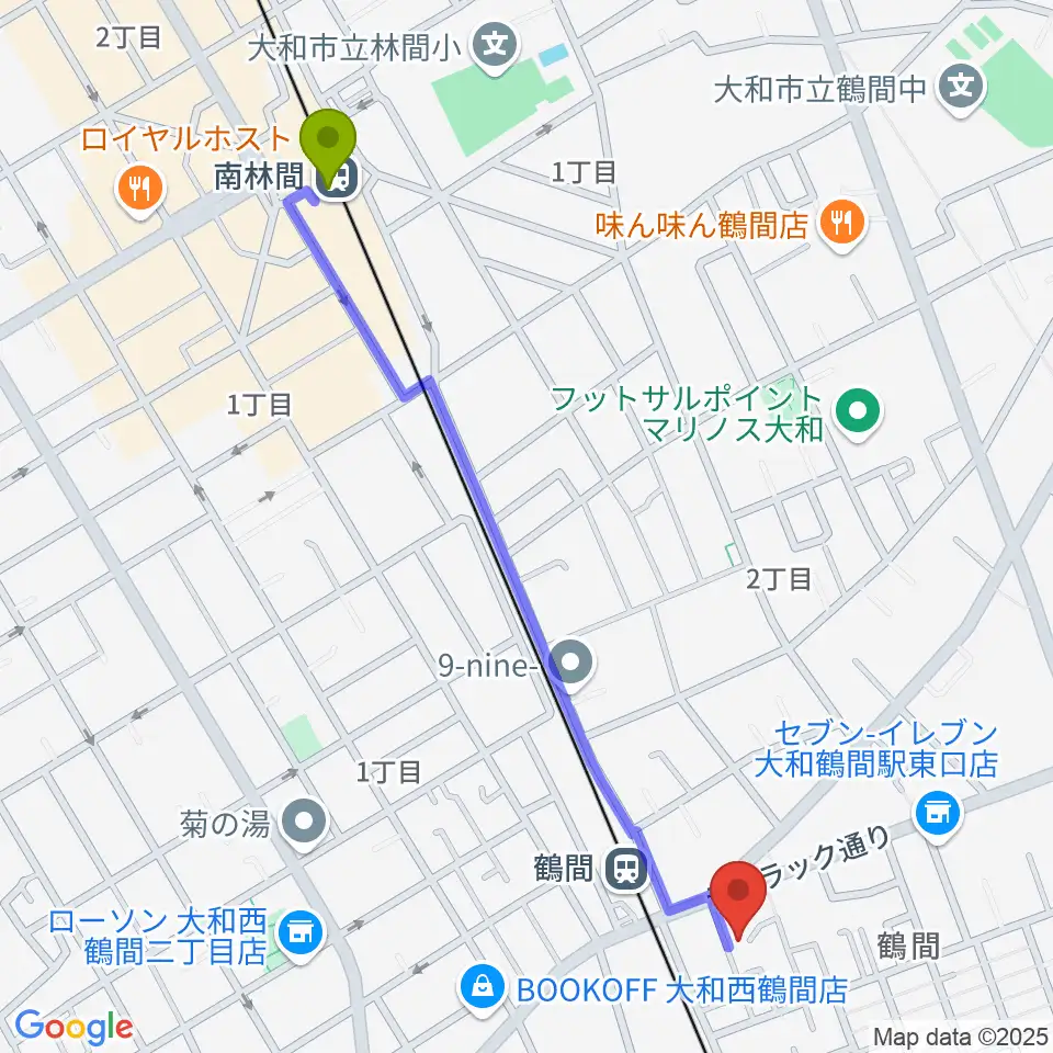 南林間駅から鶴間スタジオアジャへのルートマップ地図