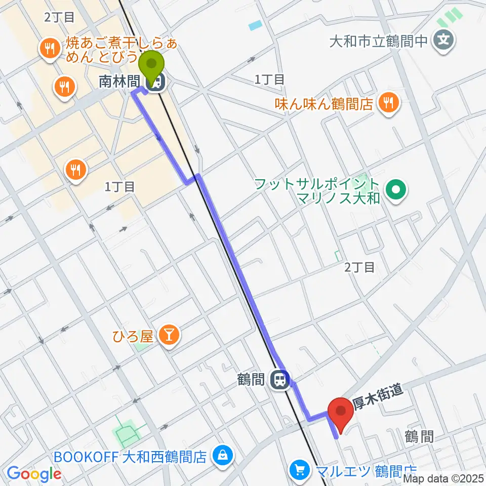 南林間駅から鶴間スタジオアジャへのルートマップ地図