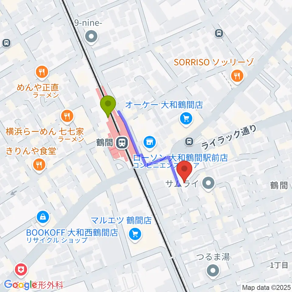 鶴間スタジオアジャの最寄駅鶴間駅からの徒歩ルート（約3分）地図