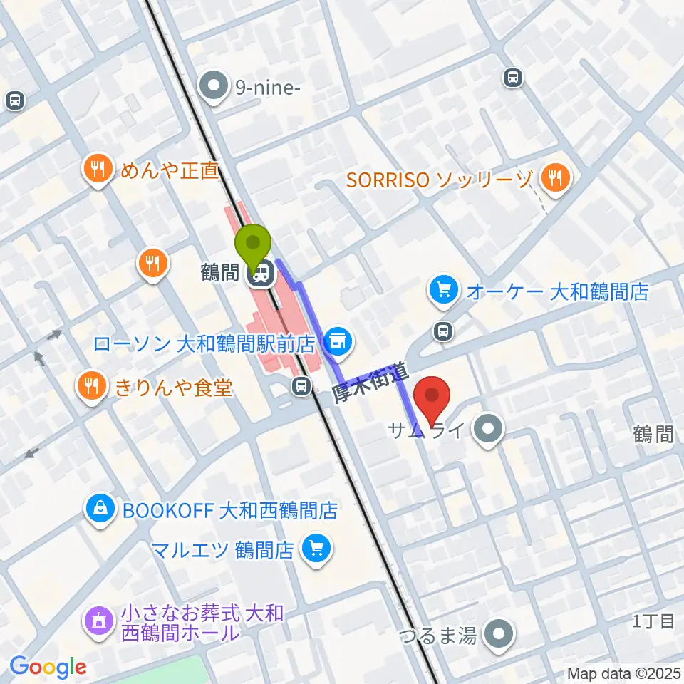 鶴間スタジオアジャの最寄駅鶴間駅からの徒歩ルート（約3分）地図