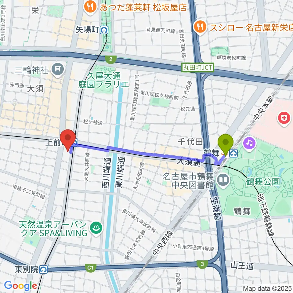 鶴舞駅から上前津Club Zionへのルートマップ地図