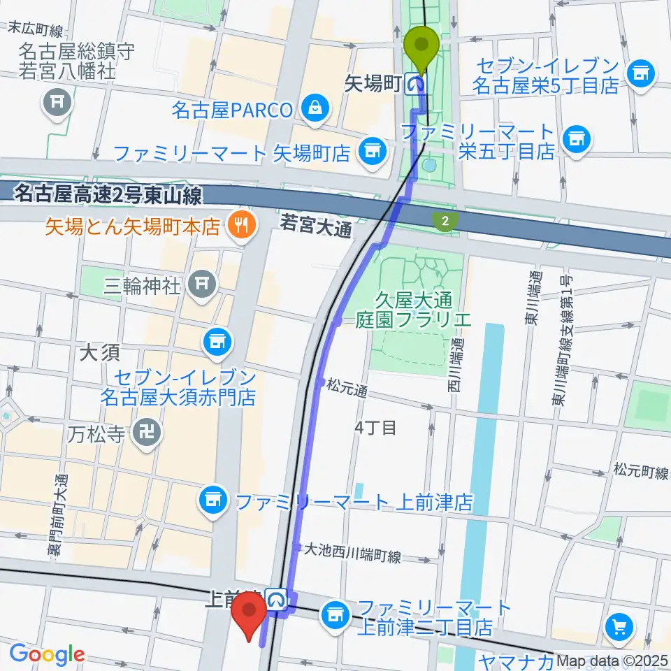 矢場町駅から上前津Club Zionへのルートマップ地図