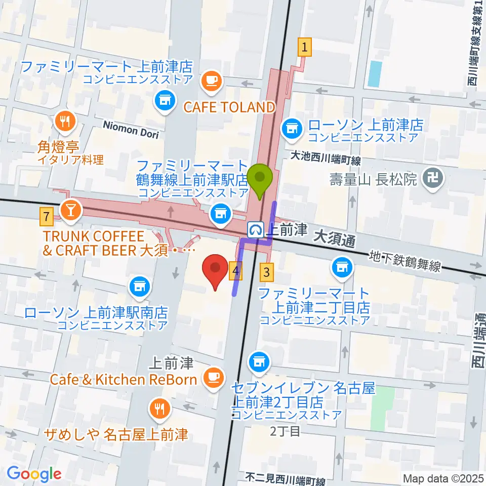 上前津Club Zionの最寄駅上前津駅からの徒歩ルート（約2分）地図