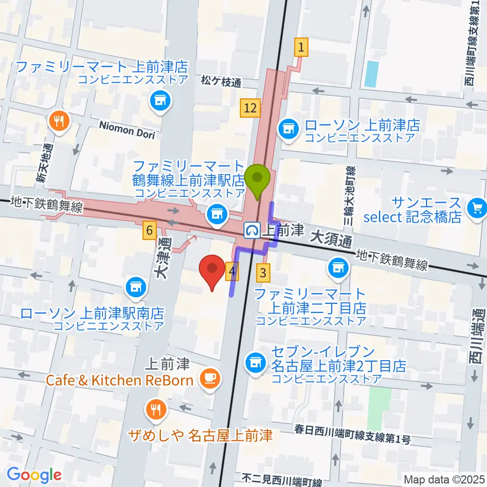 上前津Club Zionの最寄駅上前津駅からの徒歩ルート（約2分）地図