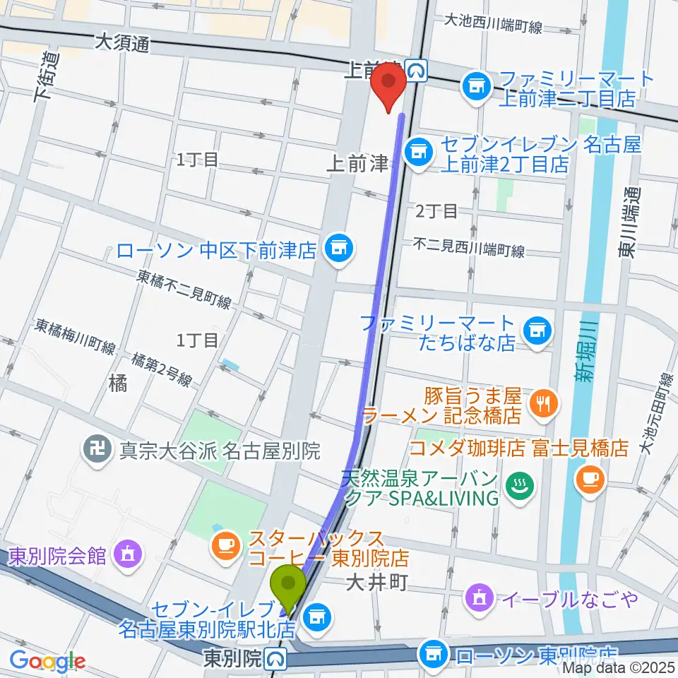 東別院駅から上前津Club Zionへのルートマップ地図