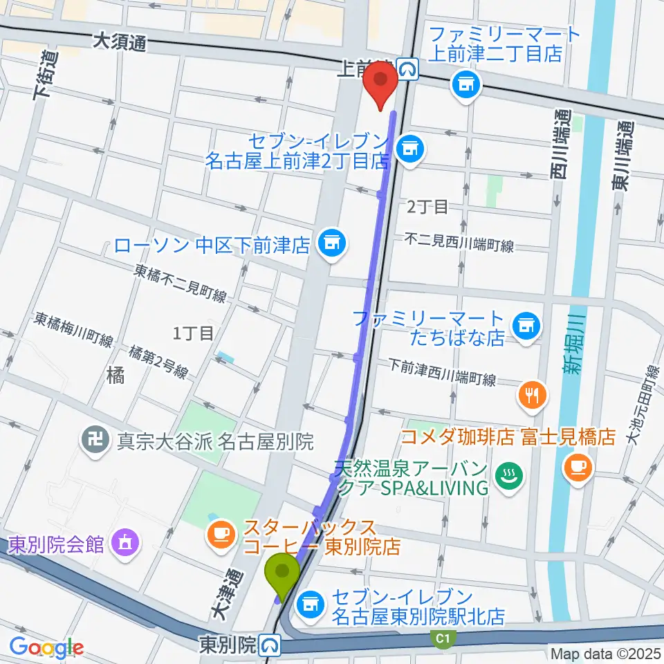 東別院駅から上前津Club Zionへのルートマップ地図