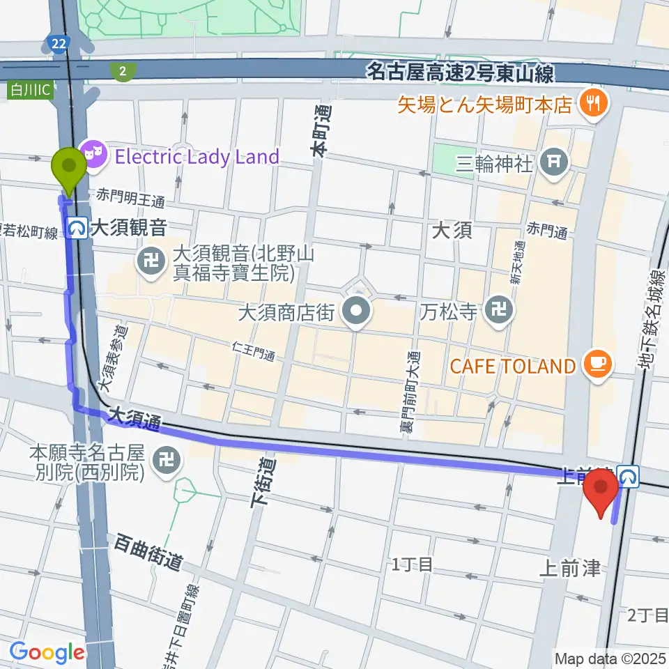 大須観音駅から上前津Club Zionへのルートマップ地図