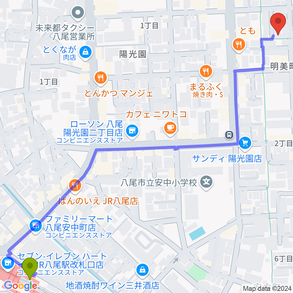 福田洋子ピアノ音楽教室の最寄駅八尾駅からの徒歩ルート（約9分）地図