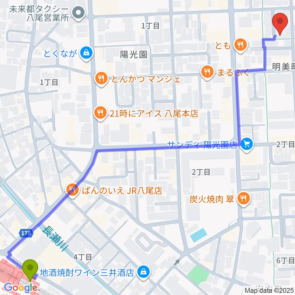福田洋子ピアノ音楽教室の最寄駅八尾駅からの徒歩ルート（約9分）地図