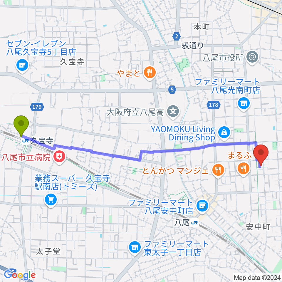 久宝寺駅から福田洋子ピアノ音楽教室へのルートマップ地図