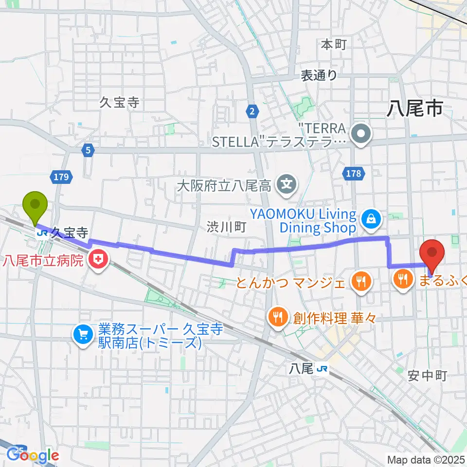 久宝寺駅から福田洋子ピアノ音楽教室へのルートマップ地図