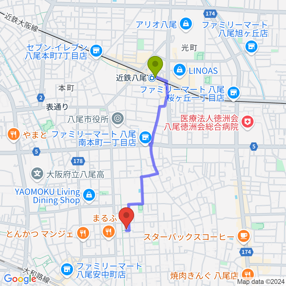 近鉄八尾駅から福田洋子ピアノ音楽教室へのルートマップ地図