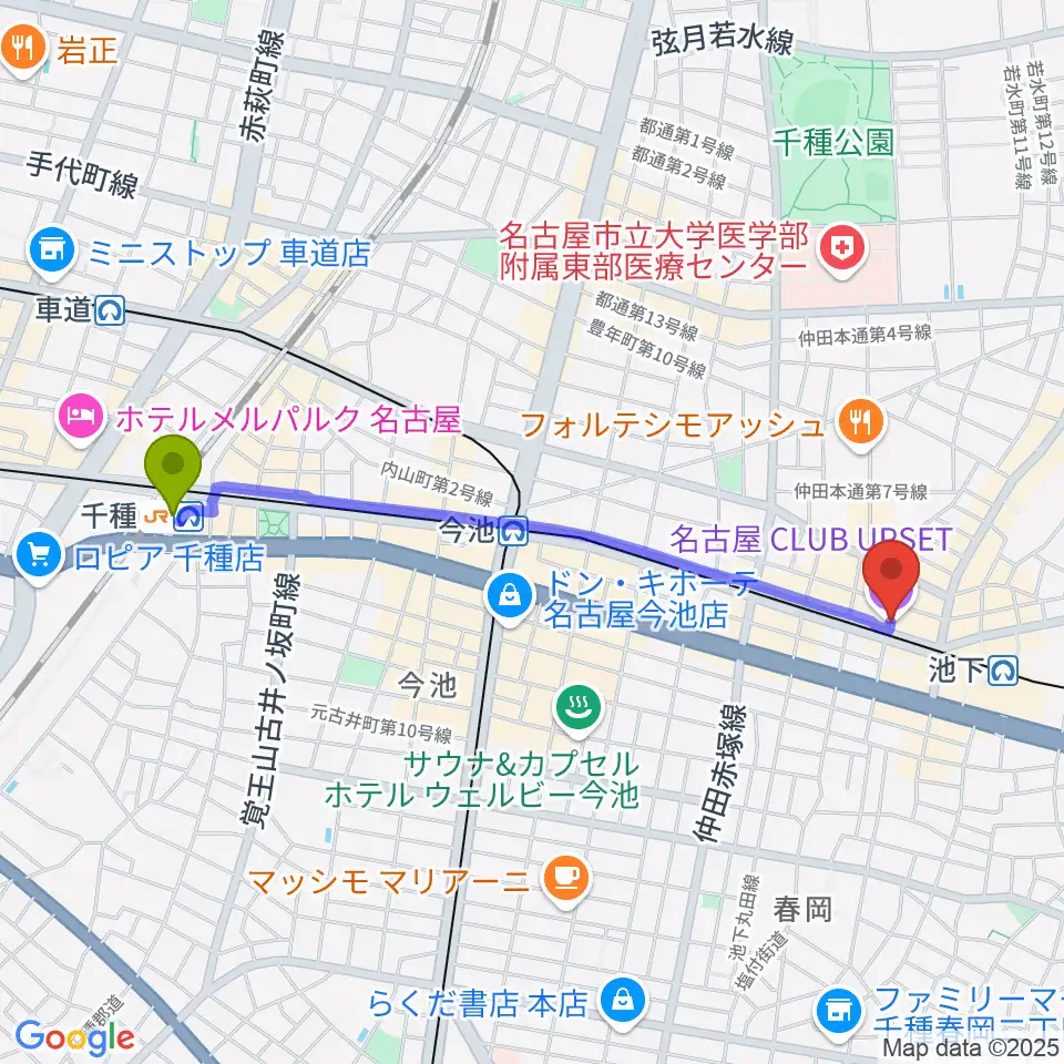 千種駅から池下CLUB UPSETへのルートマップ地図