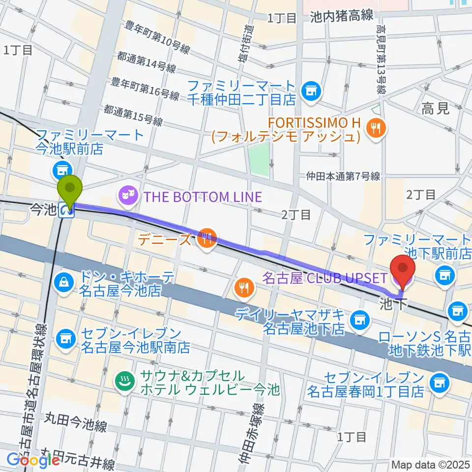 今池駅から池下CLUB UPSETへのルートマップ地図