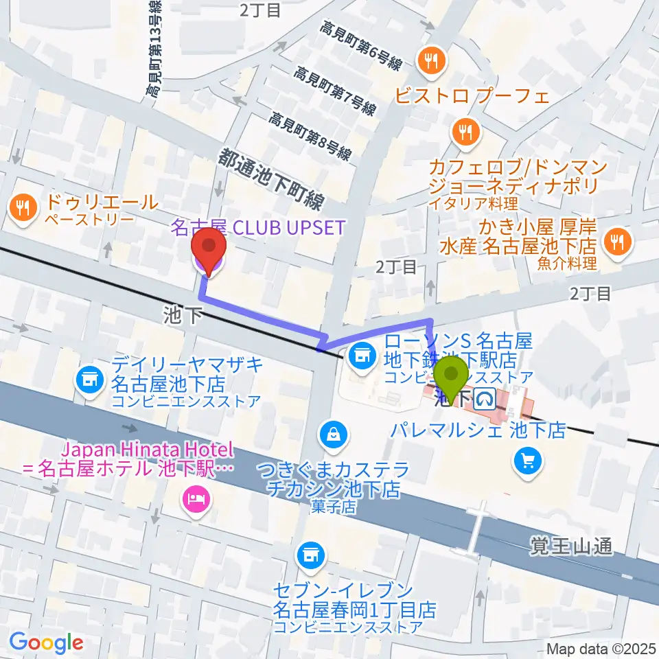 池下CLUB UPSETの最寄駅池下駅からの徒歩ルート（約3分）地図