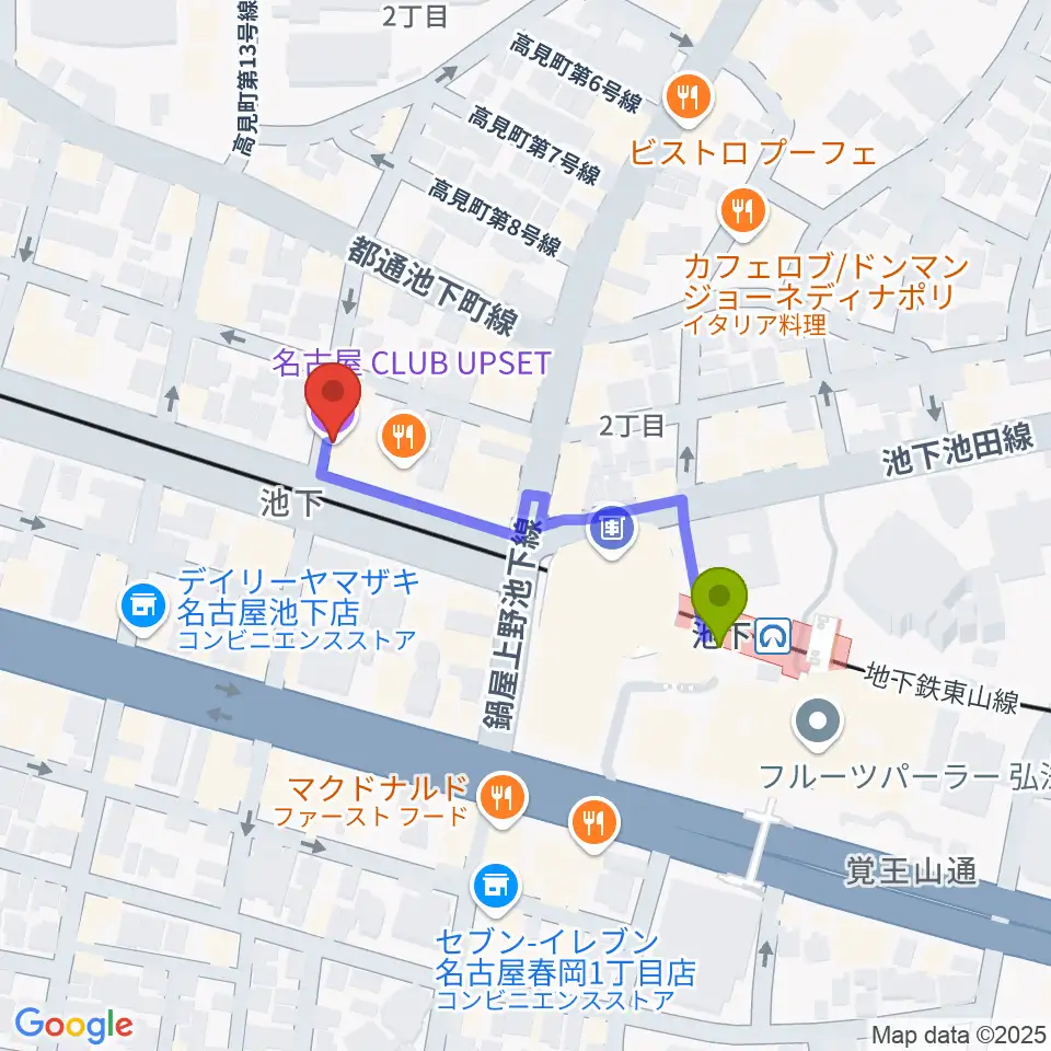 池下CLUB UPSETの最寄駅池下駅からの徒歩ルート（約3分）地図