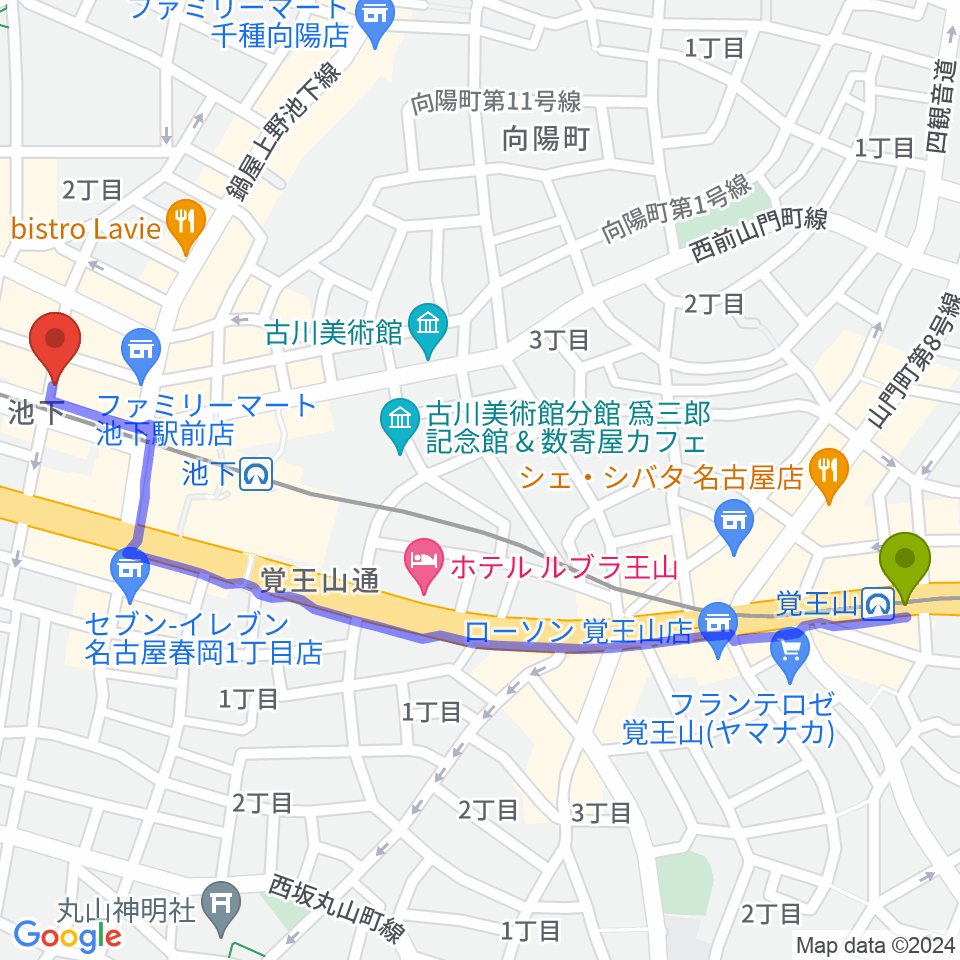 覚王山駅から池下CLUB UPSETへのルートマップ地図