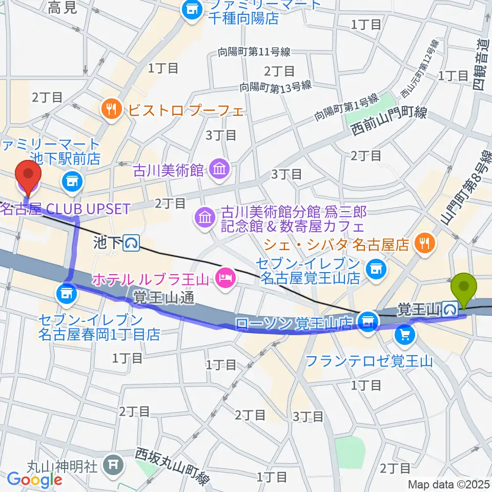 覚王山駅から池下CLUB UPSETへのルートマップ地図