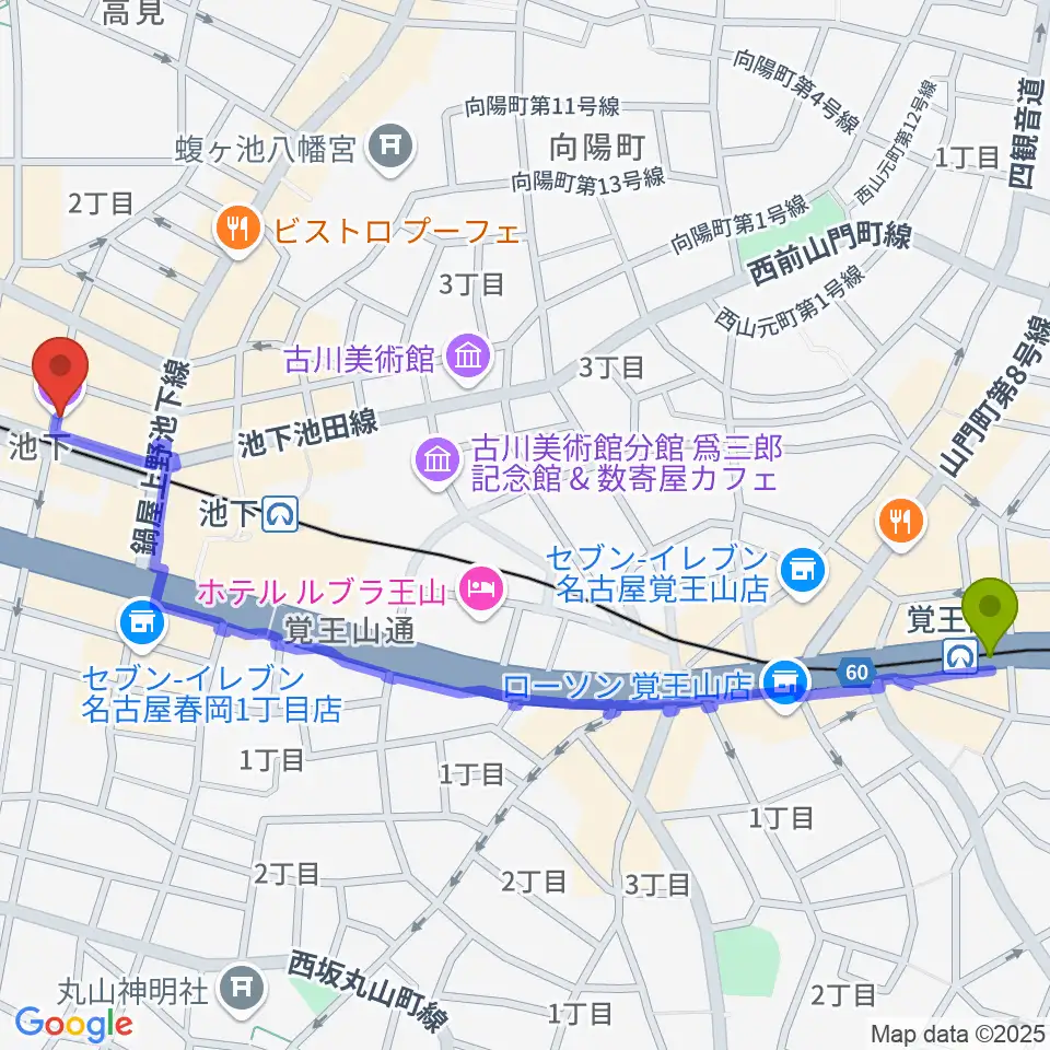 覚王山駅から池下CLUB UPSETへのルートマップ地図