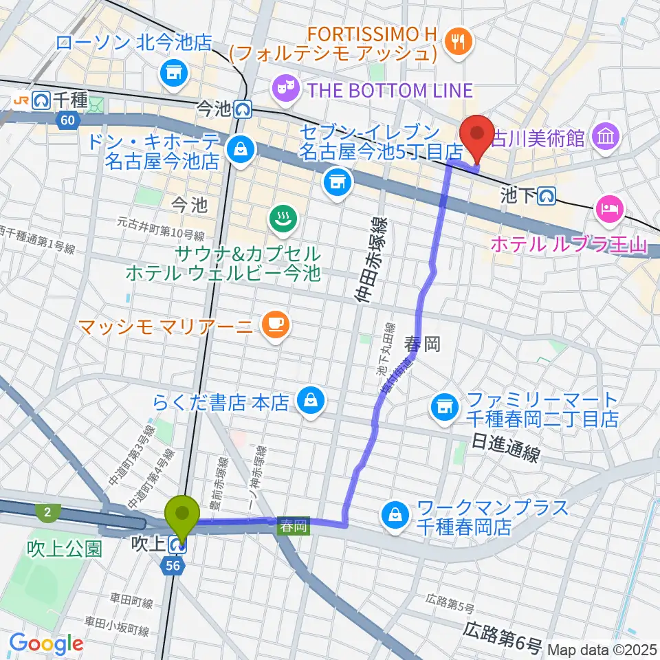 吹上駅から池下CLUB UPSETへのルートマップ地図