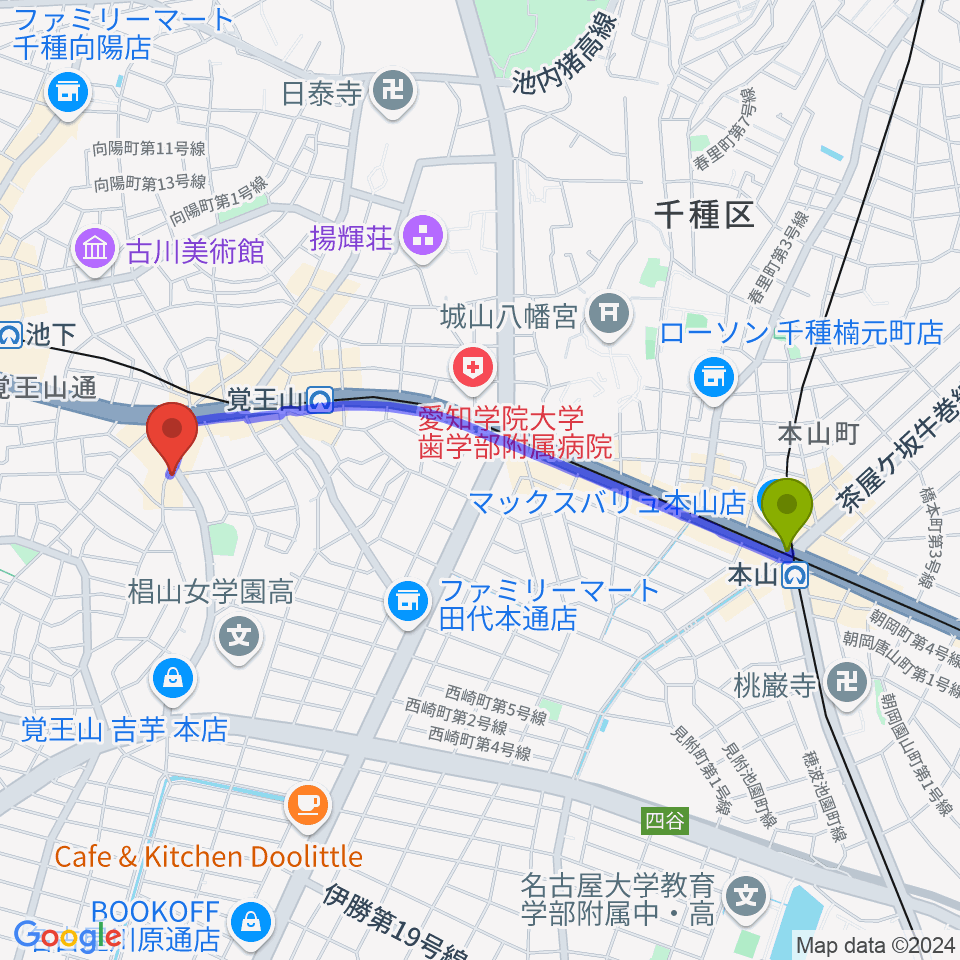 本山駅から名古屋スターアイズへのルートマップ地図