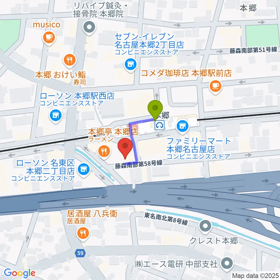 本郷アルマジロの最寄駅本郷駅からの徒歩ルート（約1分）地図