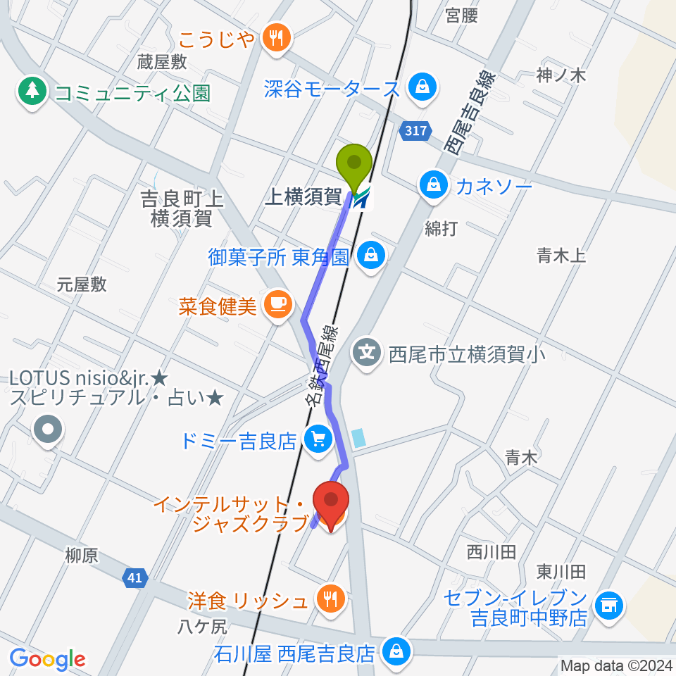 インテルサットの最寄駅上横須賀駅からの徒歩ルート（約8分）地図