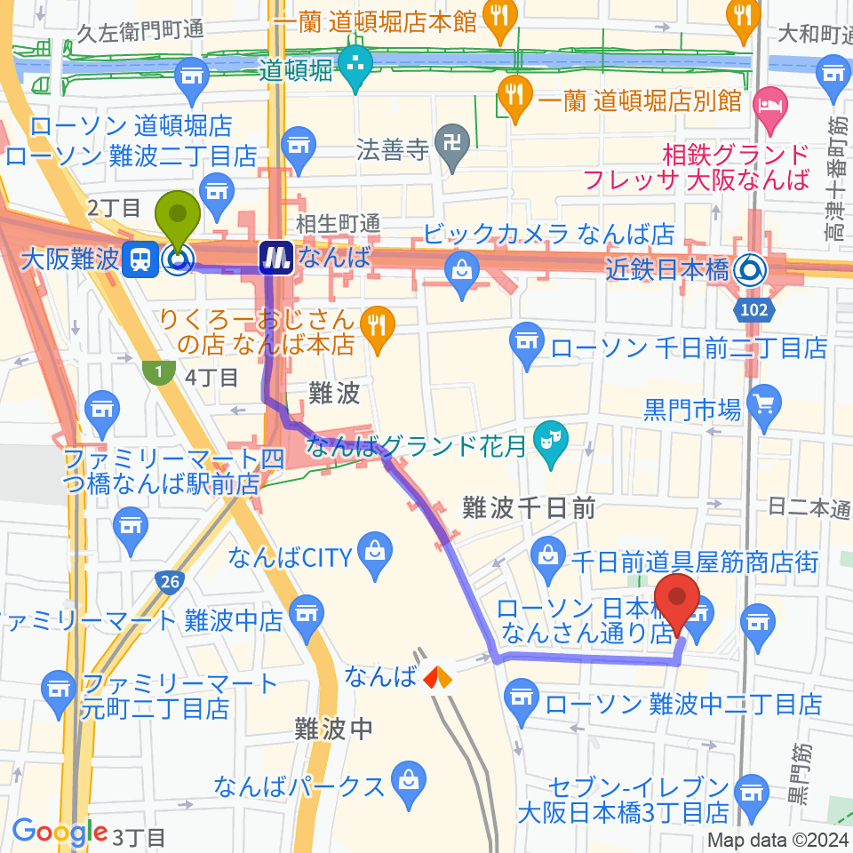 大阪難波駅からスタジオクーパーへのルートマップ地図