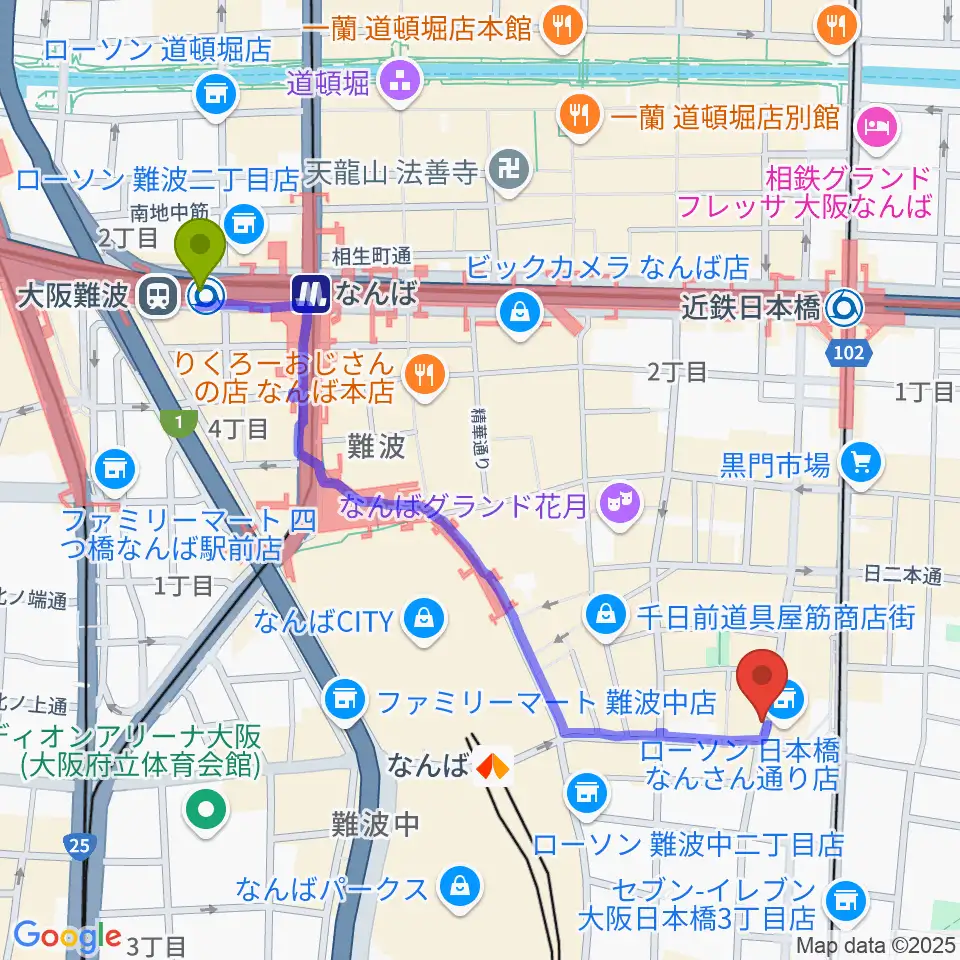 大阪難波駅からスタジオクーパーへのルートマップ地図