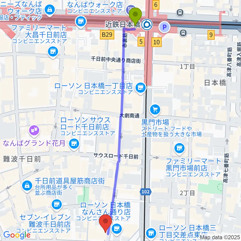 近鉄日本橋駅からスタジオクーパーへのルートマップ地図