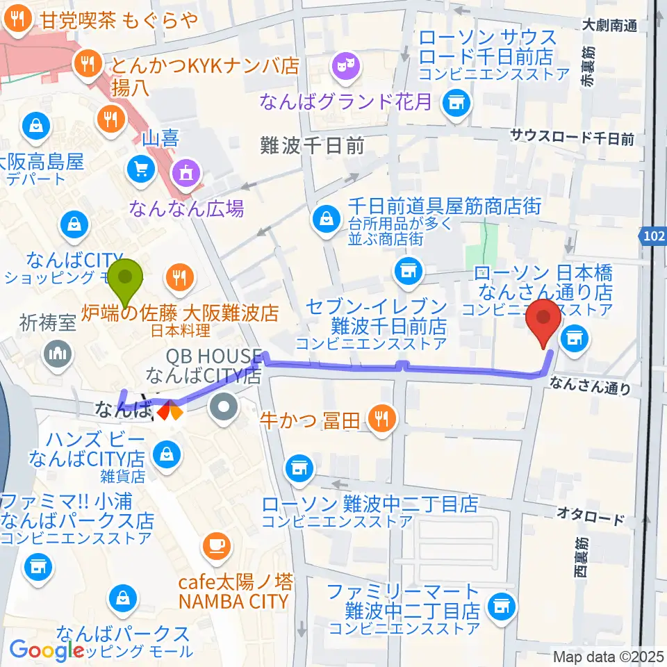 スタジオクーパーの最寄駅難波駅からの徒歩ルート（約5分）地図